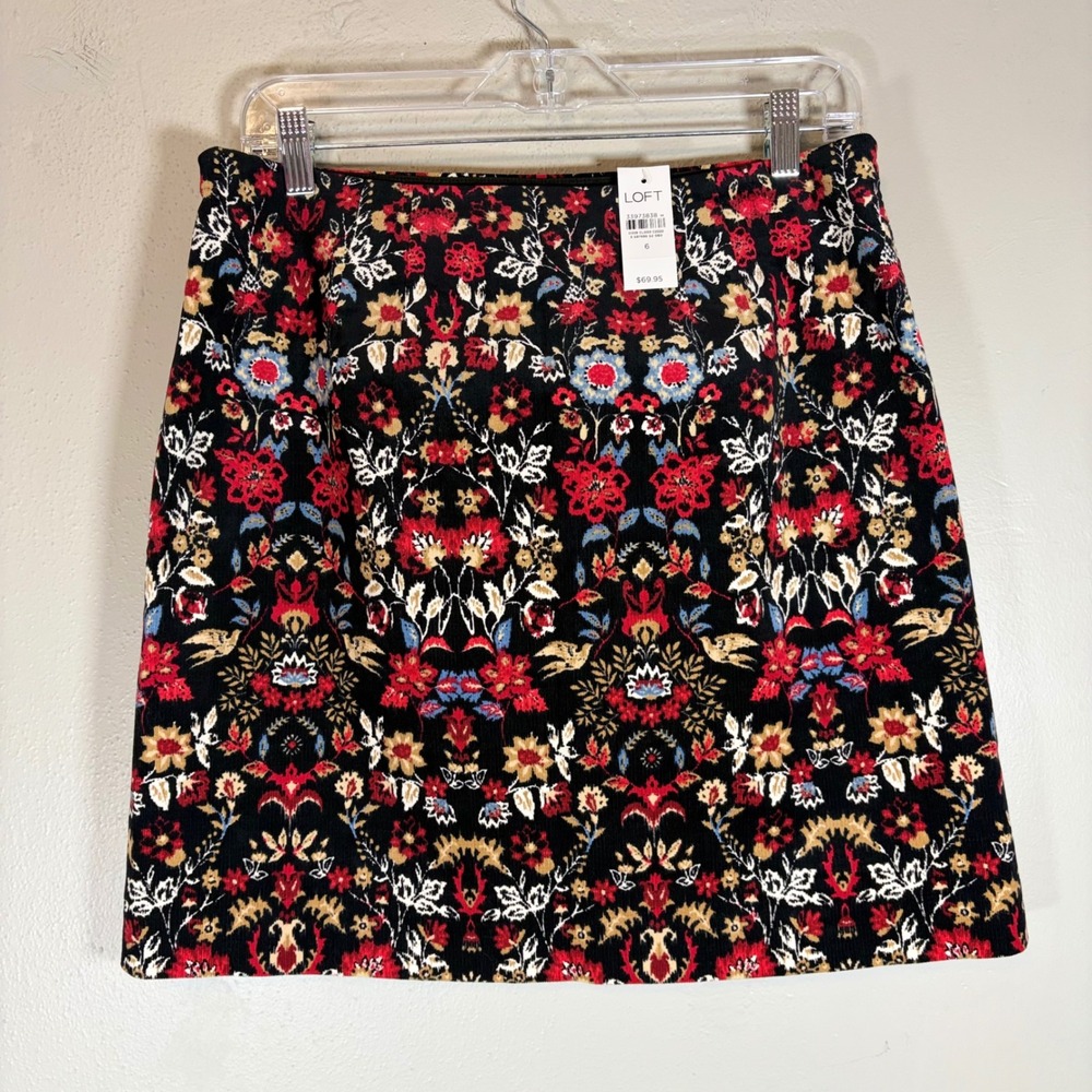 LOFT Floral Corduroy Mini Skirt Womens 6 NWT Black Red Tapestry Fall Boho